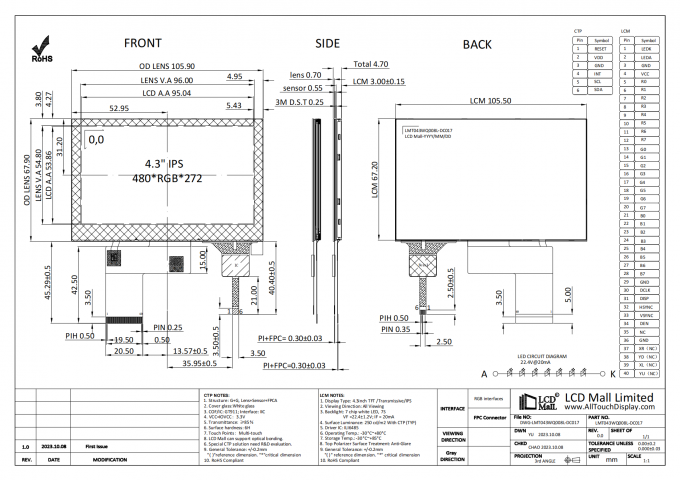 4.3'' IPS 480*RGB*272 Tft Lcd Display 40 pin RGB Interface Capacitive Touch Panel Screen Display 1