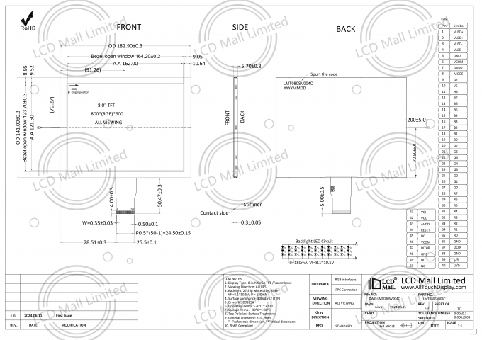 JD9165A Driver IC 8 Inch tft lcd display Display com 27 chips LEDs Backlight Tipo de pin 50 0