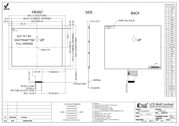 8.0" TFT LCD Module 1024*768 Resolução 1000nits 40PIN LVDS Interface para AK Wire Soldered para FPC 0