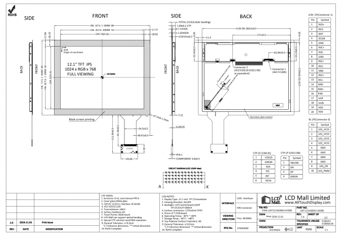 Módulo de Display LCD de 12,1 polegadas personalizável com Resolução 1024 * 768 e Interface LVDS de 20 pin 0