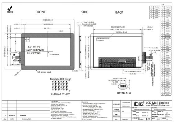 comprar Smart 8' FHD TFT LCD CTP Display 1920*1200 LCD Screen IPS Visualização 1000nits Interface LVDS online manufacture